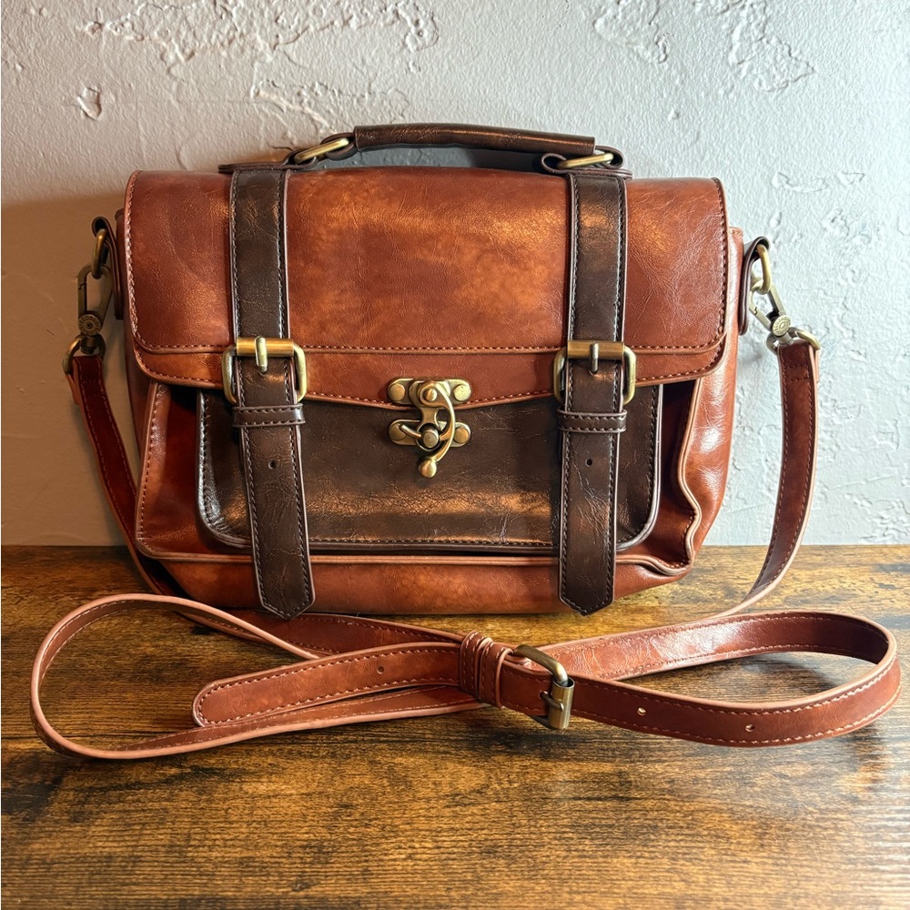 Ecosusi Satchel Purse Crossbody Two-Toned Brown Faux Leather